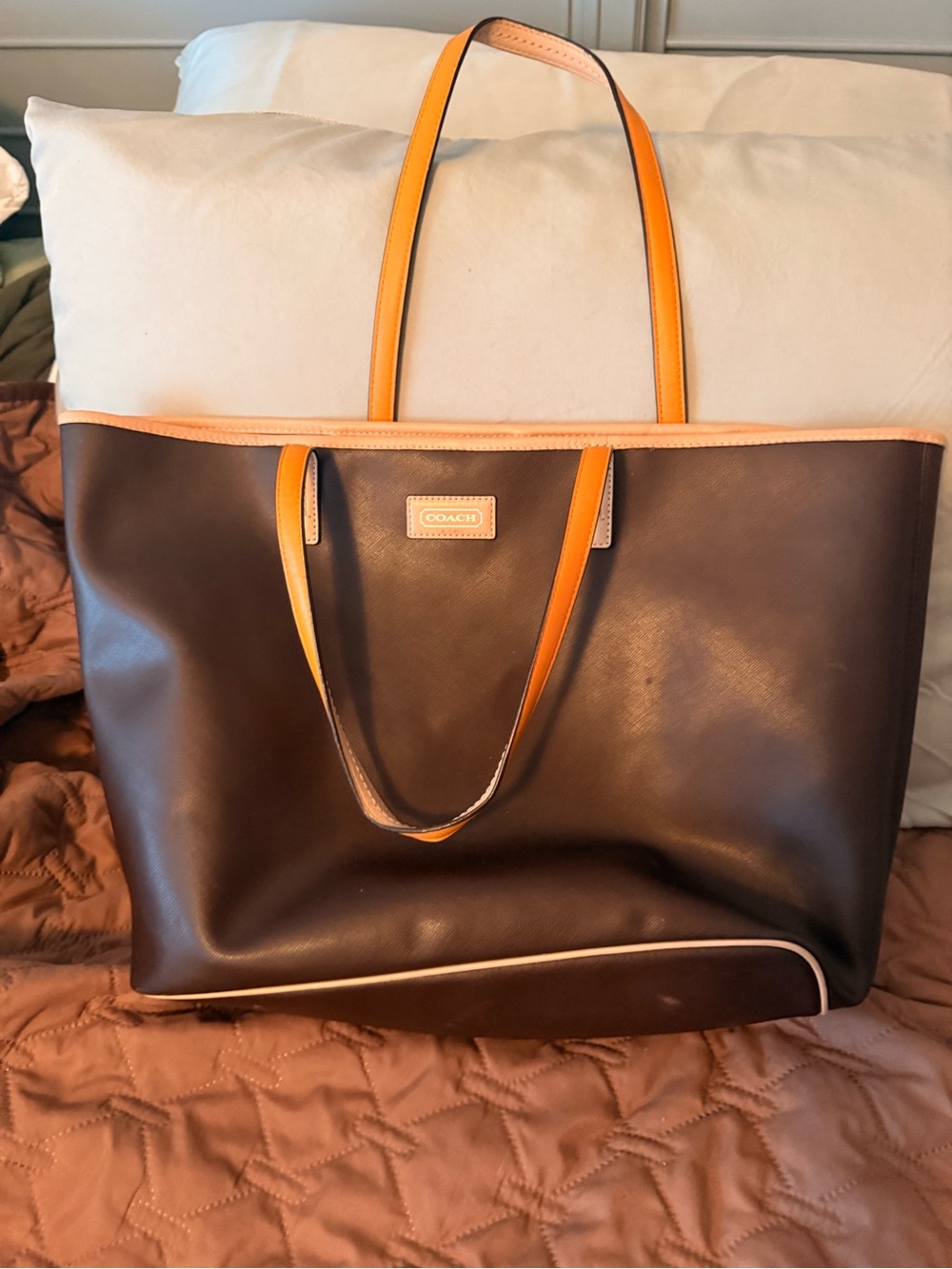 Coach Brown Leather Tote with Tan Trim and Orange Handles
